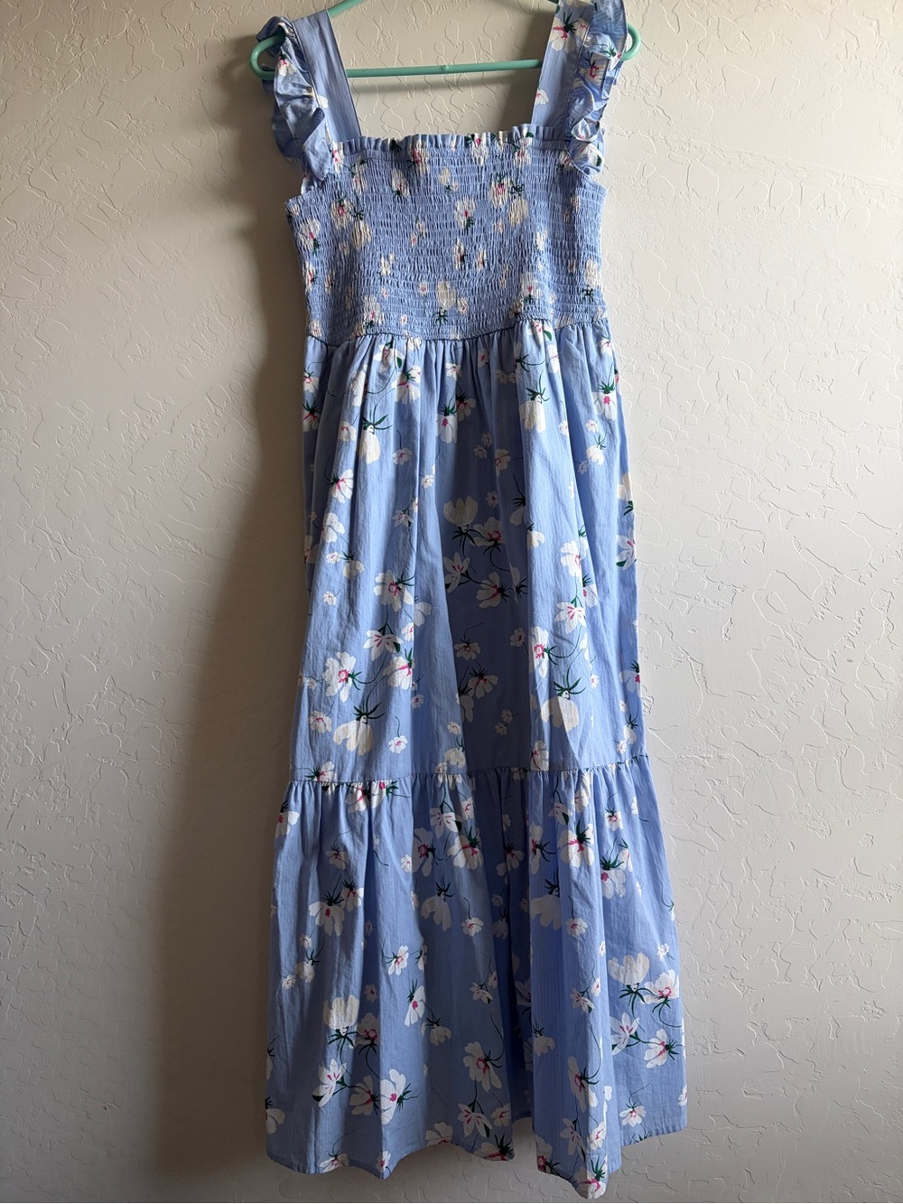 Light Blue Floral Midi Dress with Smocked Bodice